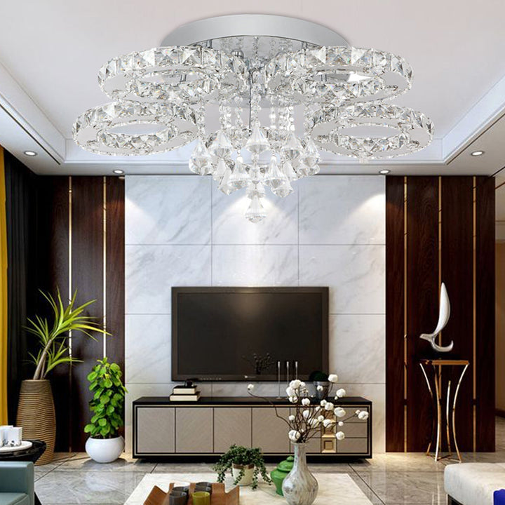 Detailed view of Aurellin chandelier's crystal elements, a sophisticated ceiling light fixture for modern decor