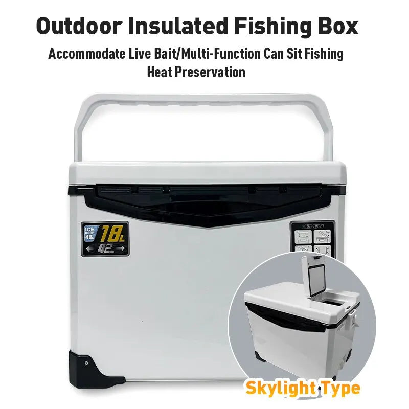 Auren fishing cooler box positioned next to a fishing rod on a boat deck, highlighting its marine cooler use.