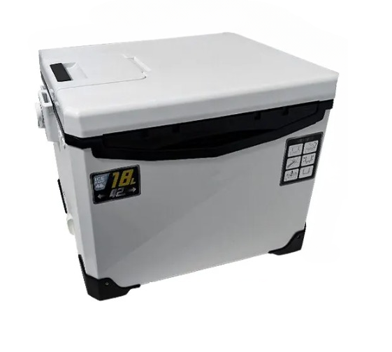 Detailed view of the Auren fishing cooler box's rugged, textured exterior and non-slip base for outdoor storage.