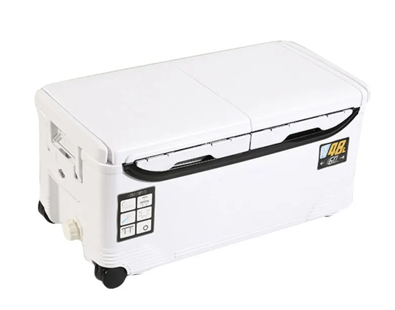 Side profile of the Auren camping cooler, showcasing its sleek design and compact size for transport.