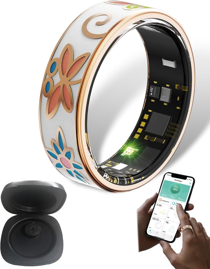 Hand holding Aurina Smart Enamel Wellness Ring, showing the inner sensors