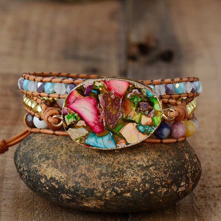 Aurora women's amazonite jasper wrap bracelet, natural stone boho jewelry with healing crystals