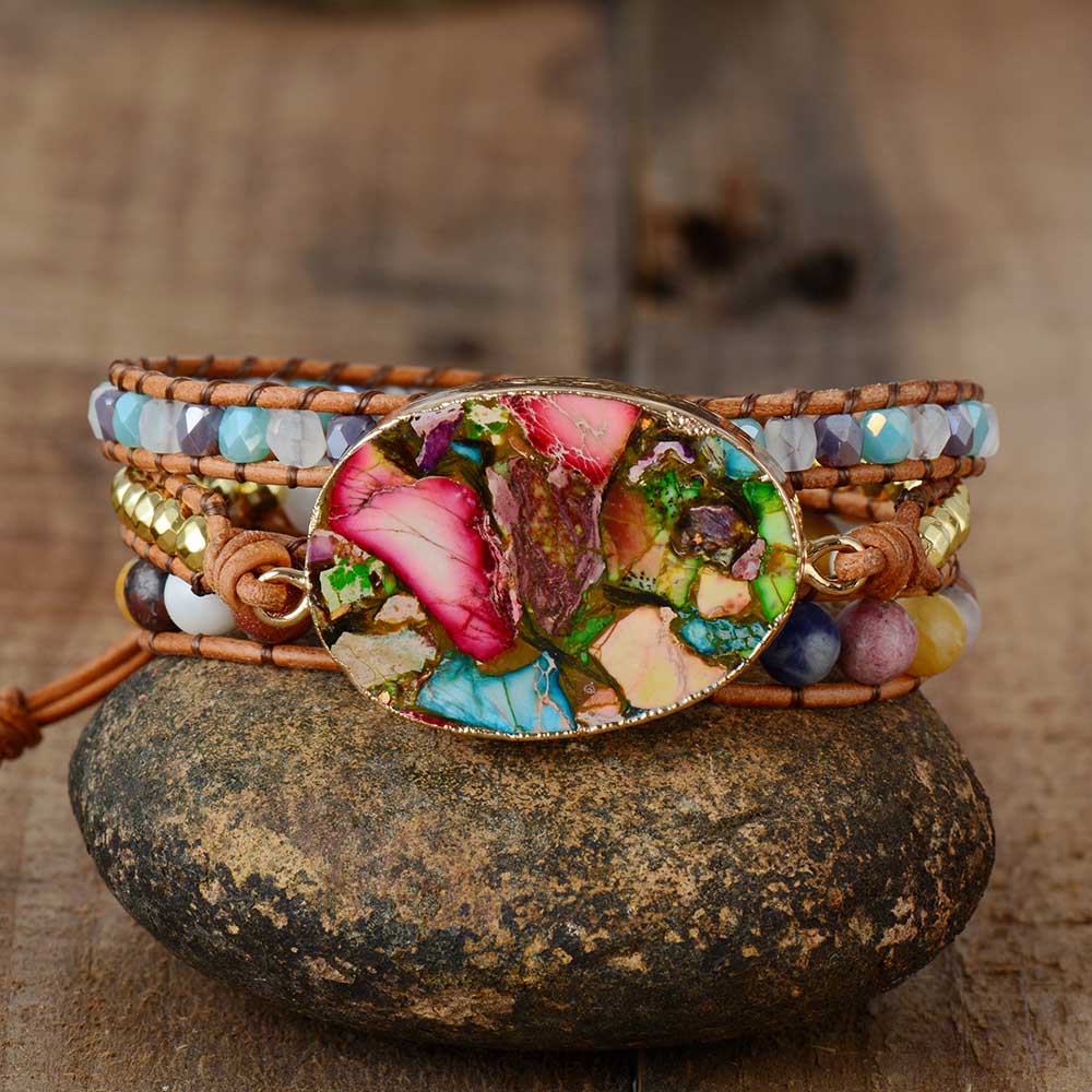 Boho amazonite jasper wrap bracelet, natural stone Aurora design, perfect for women's style