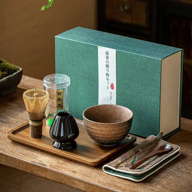 Essential kitchen tools: Japanese matcha whisk & bowl, part of a complete tea ceremony gift set.