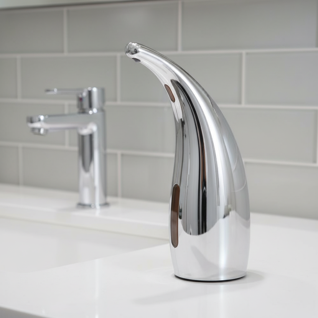 Automatic sensor liquid soap dispenser in a modern bathroom setting, promoting touchless hygiene.