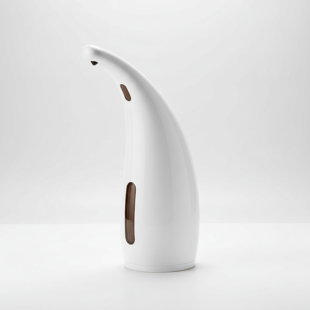 Stylish touchless soap dispenser adds modern home decor to bathroom and ensures germ-free use.
