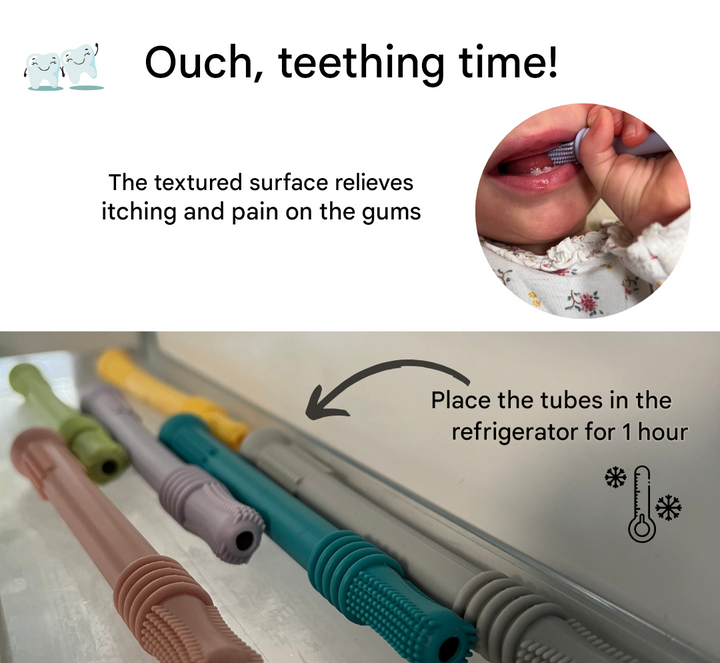 Gentle Baby Teething Tube by ChewyCalm. Silicone infant chew for sensitive gums, provides soothing relief.