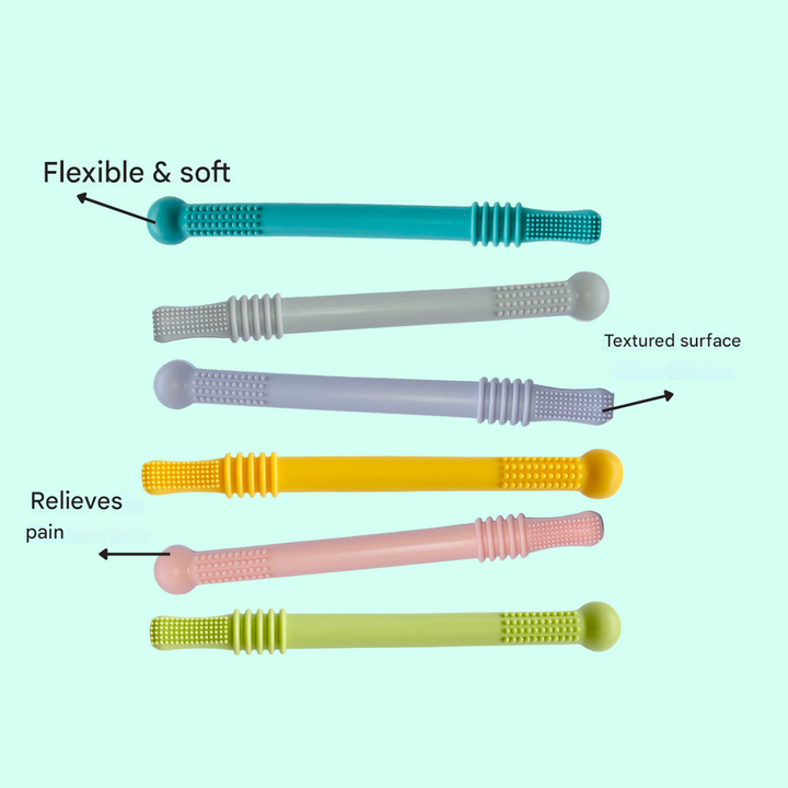 Soothing ChewyCalm Teething Tube, ideal for sensitive baby gums. Silicone infant chew toy offers comfort & relief.