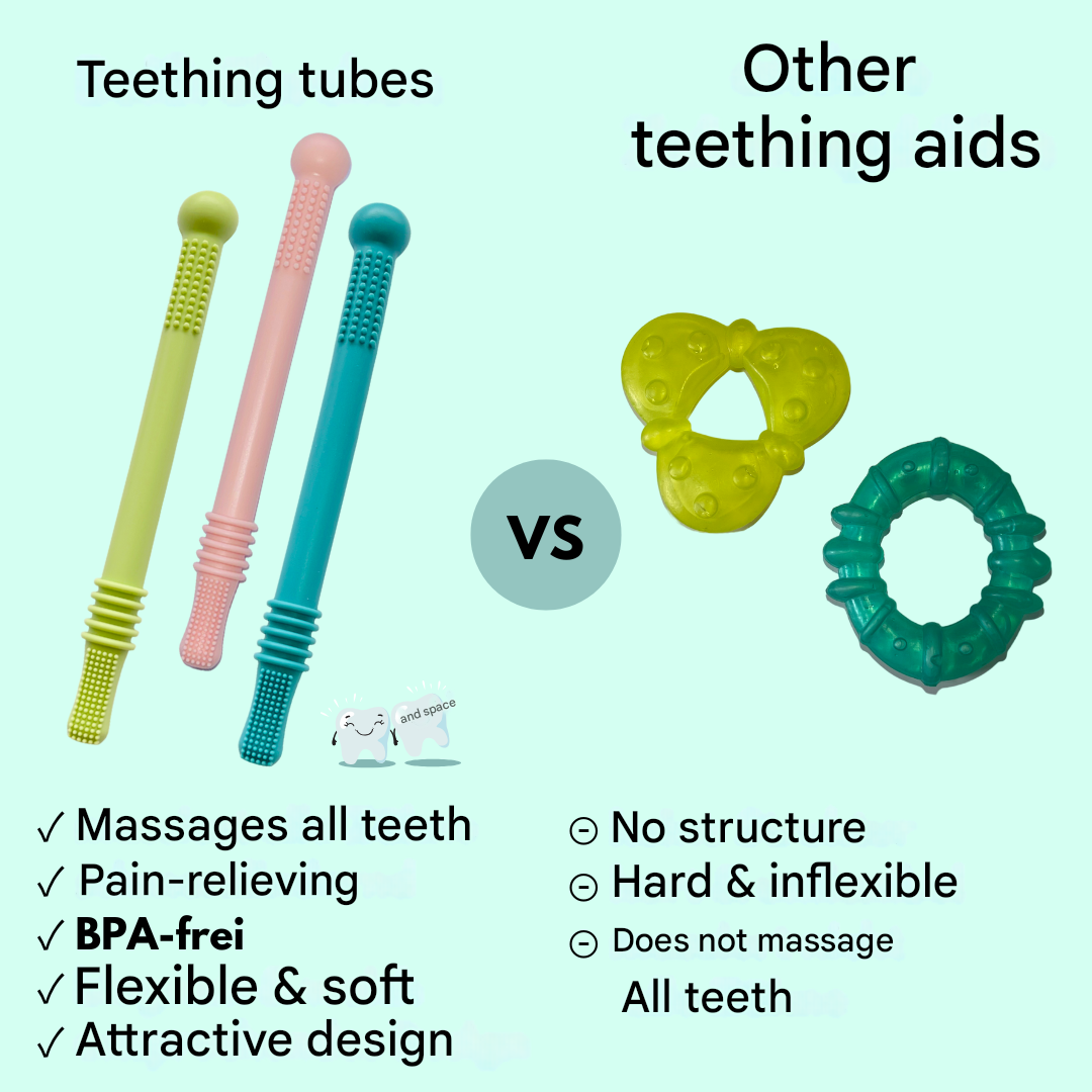 Newborn Baby Soothing Teething Tube for gum relief. ChewyCalm silicone infant chew, a safe oral motor toy.