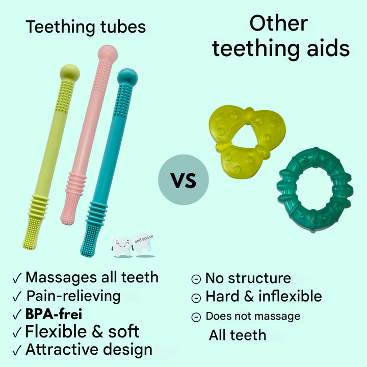 Newborn Baby Soothing Teething Tube for gum relief. ChewyCalm silicone infant chew, a safe oral motor toy.
