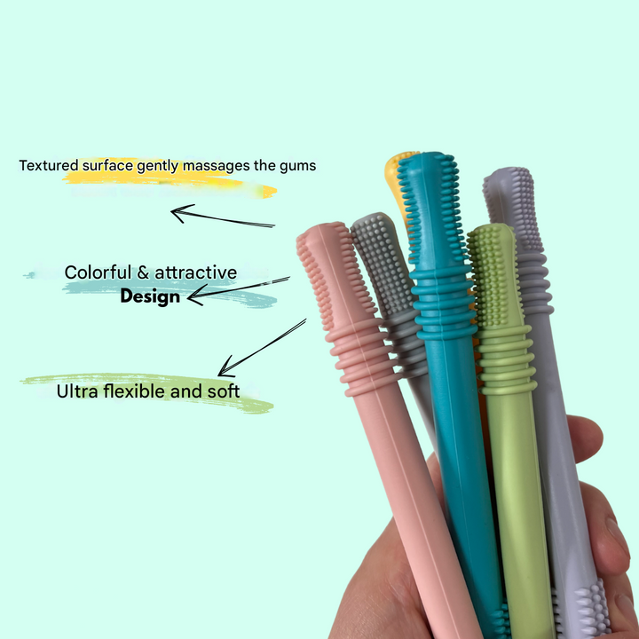ChewyCalm Baby Teething Tube, perfect for sensitive gums. Soft silicone infant chew toy for teething babies.