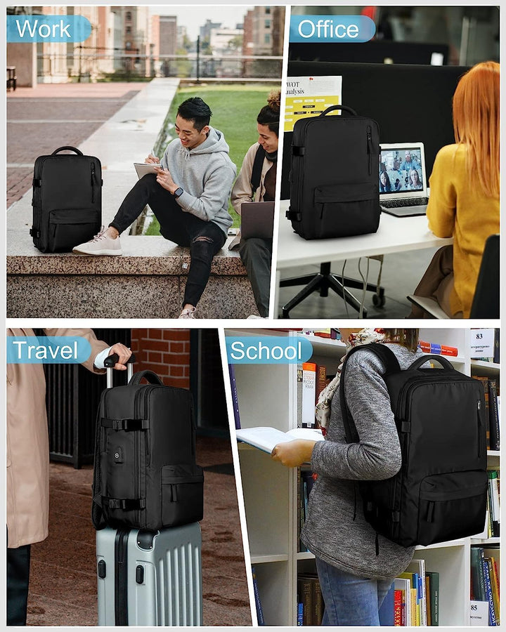 Interior view of beige waterproof daypack, organized with laptop, tablet, and accessory pockets