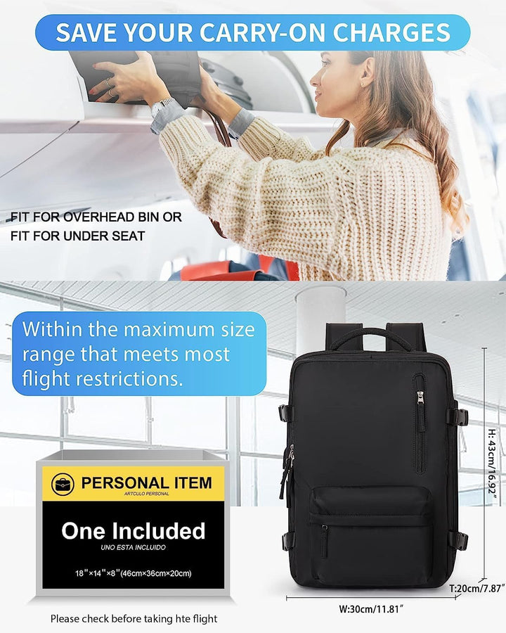 Unisex black 40L commuter bag, main compartment open revealing laptop sleeve and multiple pockets