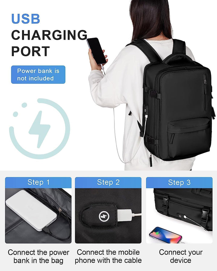 Traveler wearing a black 40L waterproof weekend bag with USB port in an airport setting