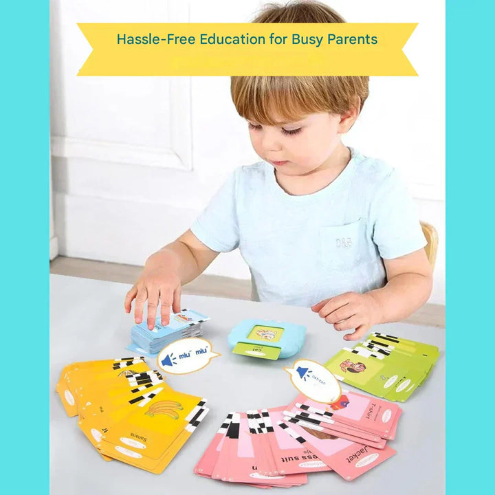 Toddler bilingual flashcards speaking Spanish and English words.