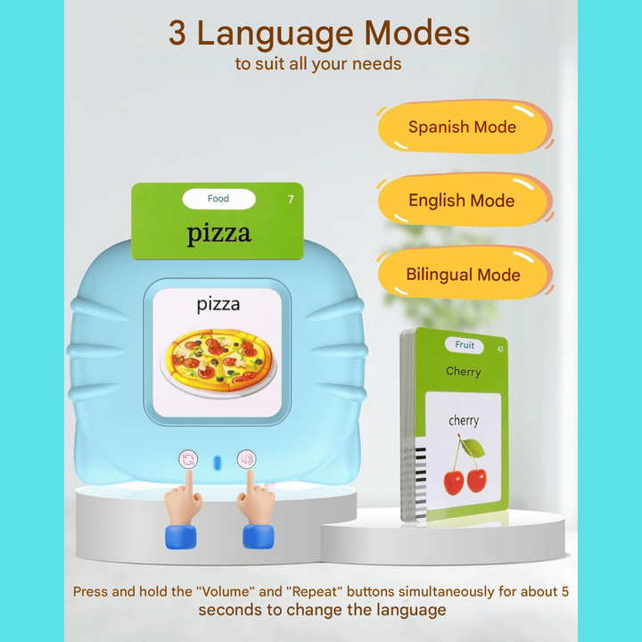 Fun talking flash cards helping kids learn Spanish & English effortlessly.