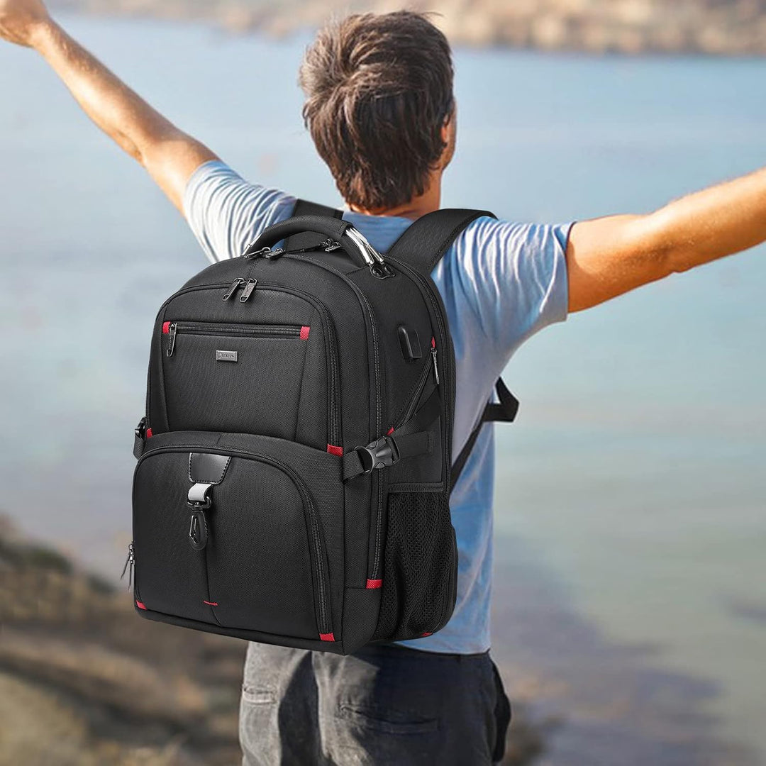 Black 50L waterproof travel laptop backpack with USB port, ideal for men & women
