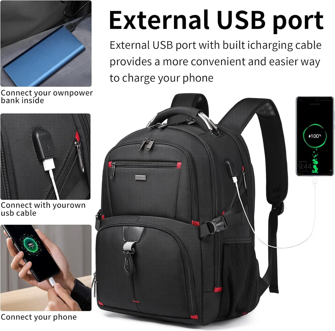 Durable 50L black outdoor travel backpack with laptop compartment and external USB port