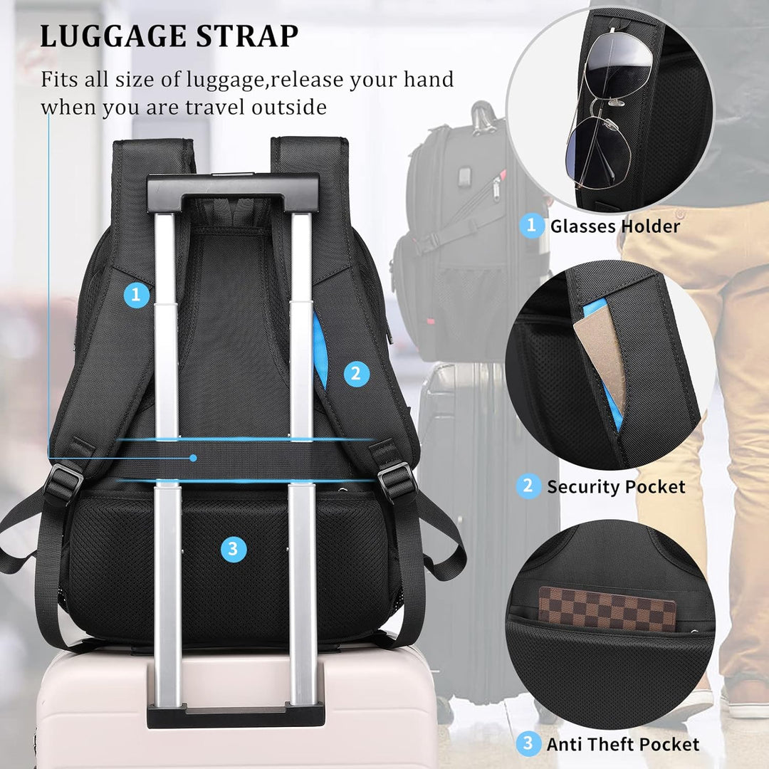 Spacious 50L black laptop backpack with USB port, perfect for travel & outdoor adventures