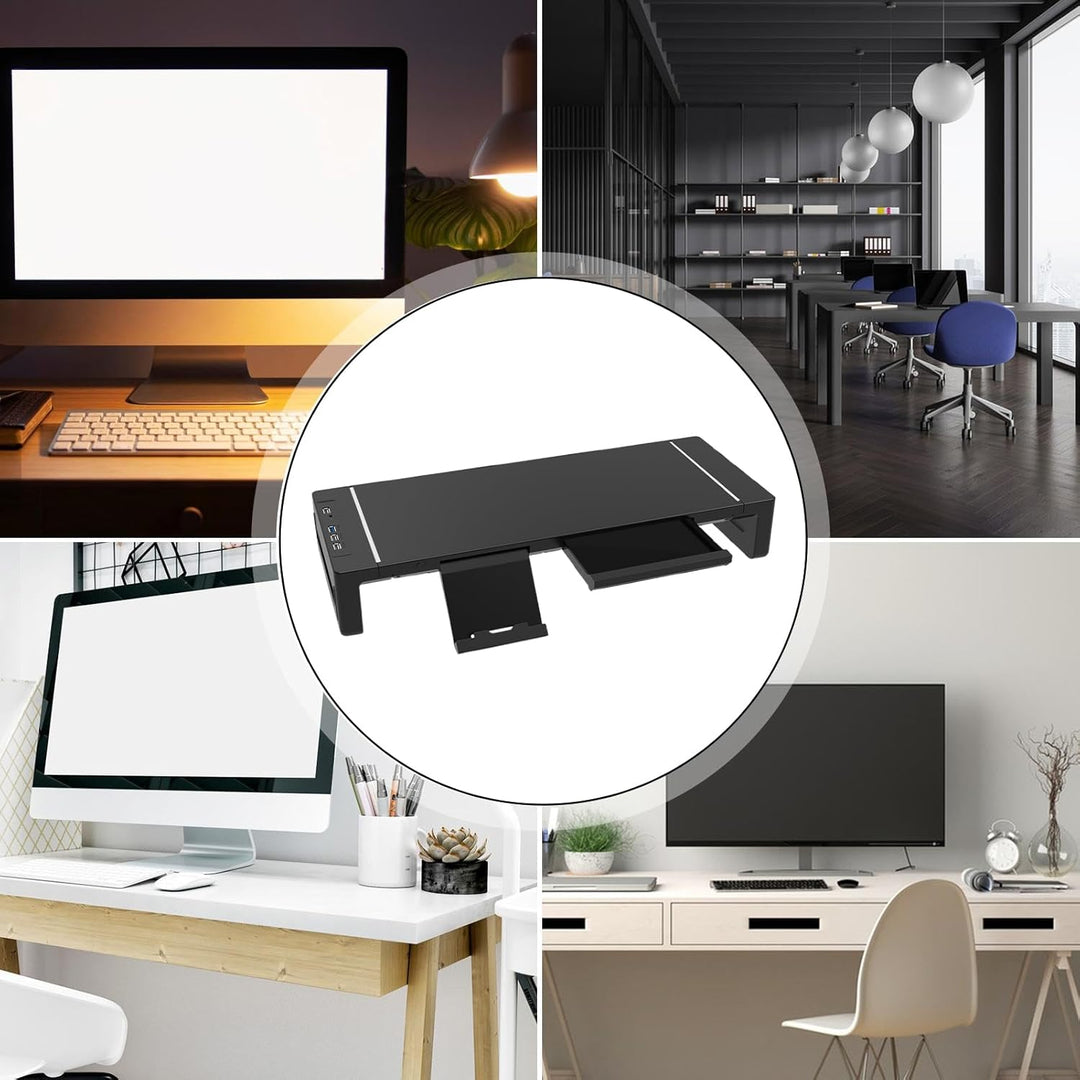 Versatile black computer accessory: monitor stand with built-in drawer and USB expansion