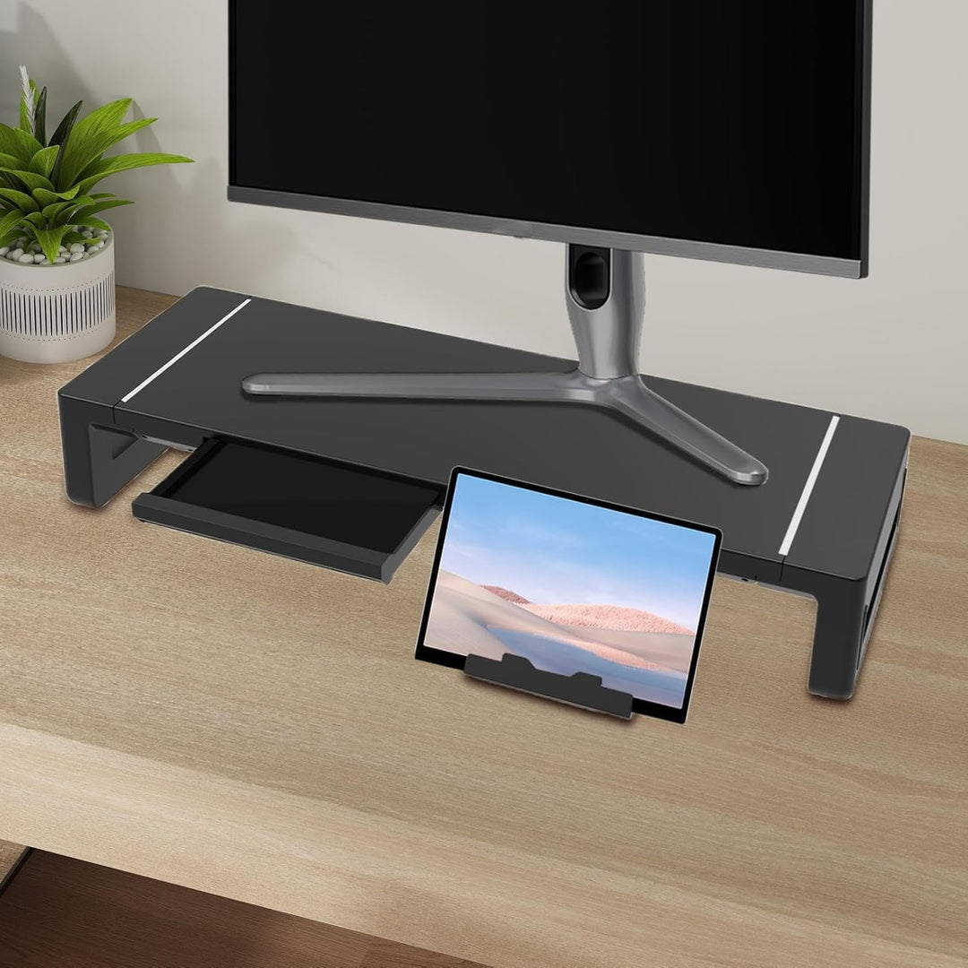 Adjustable monitor riser with built-in storage drawer and a multi-port USB hub