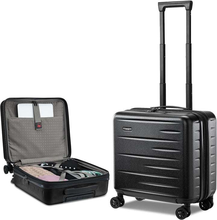 Organized travel with hard shell carry-on, front pocket, expandable feature & TSA lock.