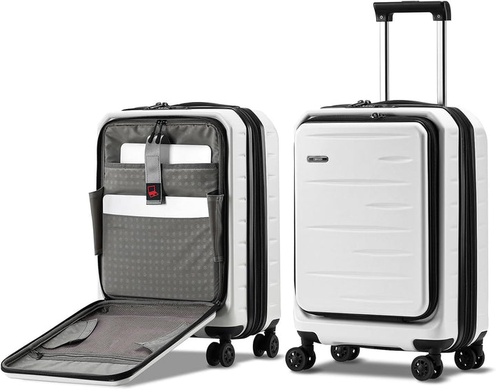 Sleek black expandable hard shell carry-on with front pocket and TSA security lock.