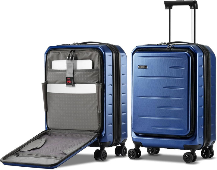 Modern grey hard shell carry-on, expandable, with a secure front pocket & TSA lock.