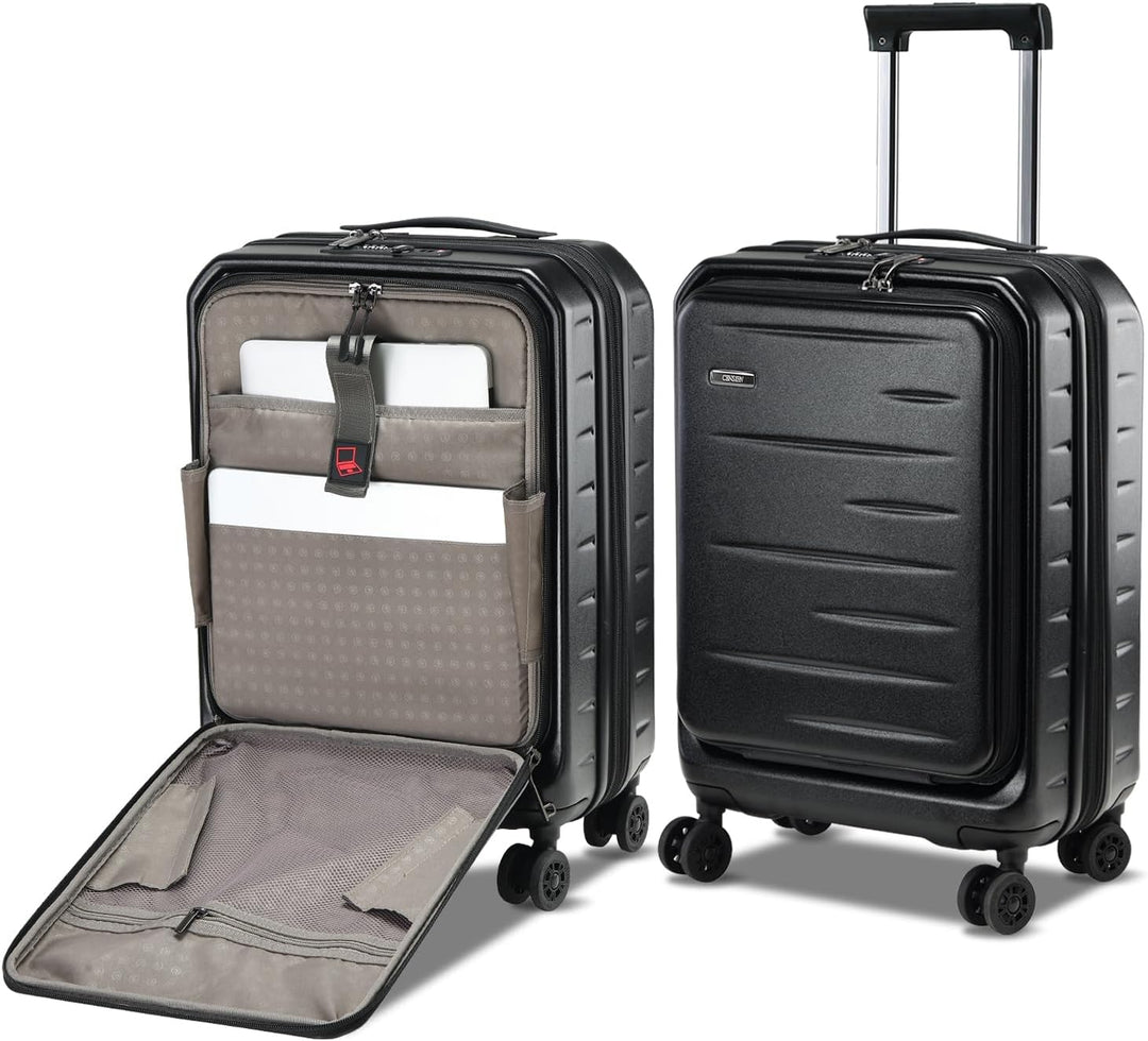 Close-up of hard shell carry-on's front pocket, perfect for laptop or travel documents.
