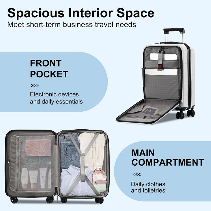 Smooth spinner wheels detail on an expandable hard shell carry-on with front pocket & TSA lock.