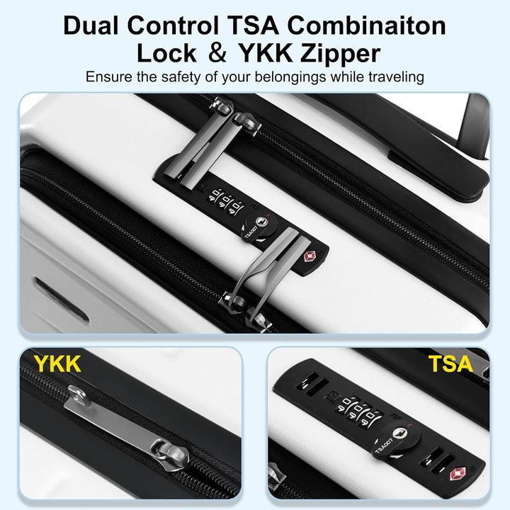 Traveler pulling expandable hard shell carry-on with telescopic handle through airport.