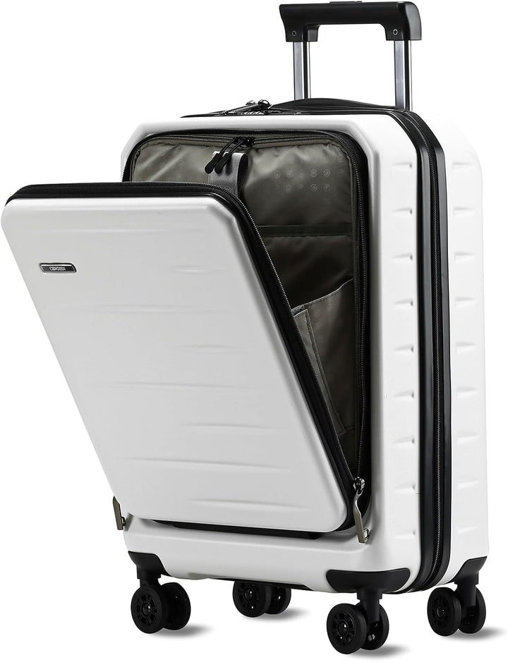 Hard shell carry-on luggage with front pocket & TSA lock, ready for airport travel.