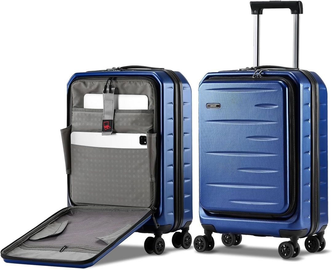 All-feature expandable hard shell carry-on with front pocket, TSA lock & smooth spinner wheels.