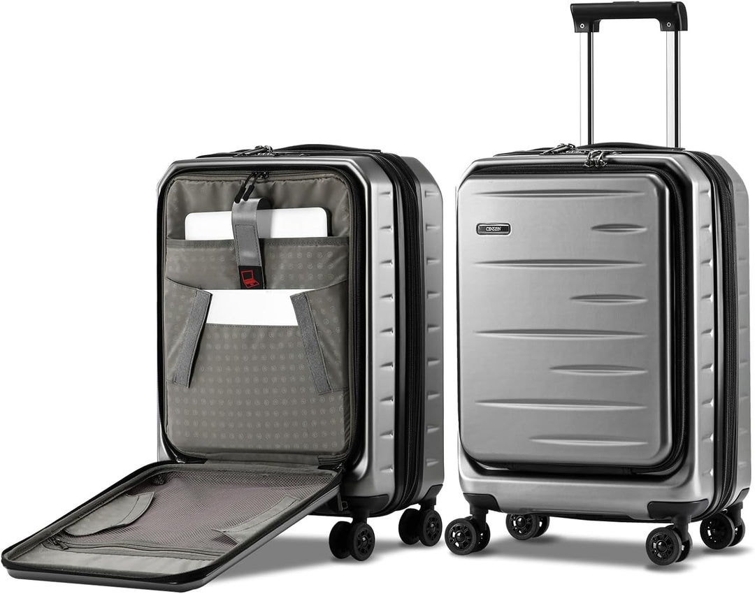 Compact travel carry-on luggage with front pocket, TSA lock, and expandable hard shell design.