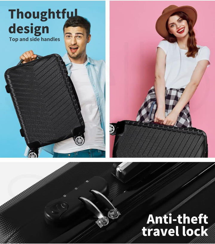 Empty black hardshell carry-on suitcase open, revealing interior space and zipper compartments