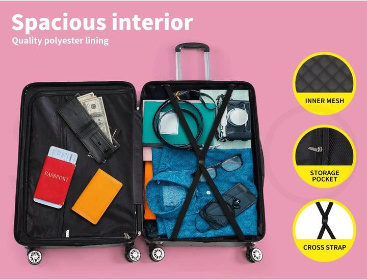 Lifestyle shot of black hardshell carry-on being rolled, highlighting ease of use and spinner wheels