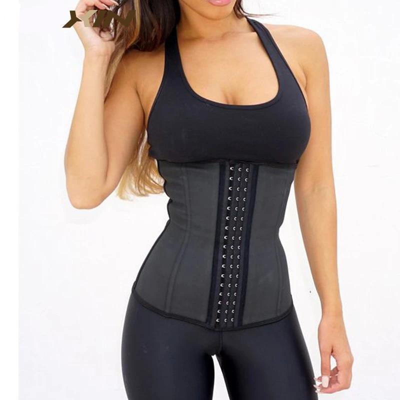 Black latex waist trainer corset for women, designed to create an hourglass figure with strong compression.