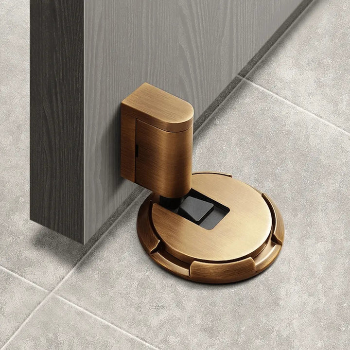 Black magnetic door stopper, drill-free adhesive install, protects walls & holds doors open securely.