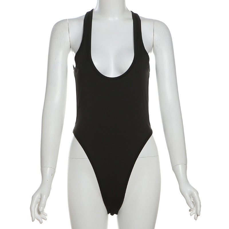 Flattering black deep neck one-piece swimsuit for women. Comfortable, high support, classic summer beachwear.