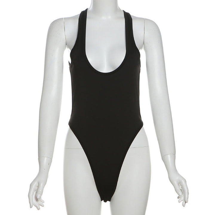 Flattering black deep neck one-piece swimsuit for women. Comfortable, high support, classic summer beachwear.