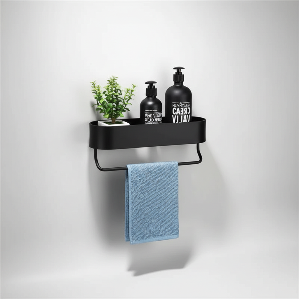 Metal bathroom organizer in black finish, wall-mounted with integrated towel bar