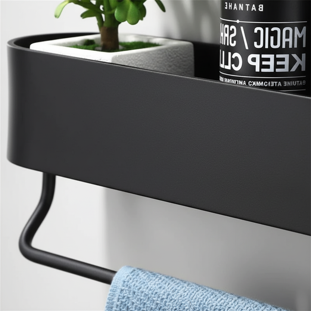 Elegant black shower caddy shelf and towel bar, perfect for modern bathroom decor