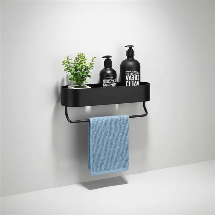 Space-saving wall-mounted black metal shelf for bathroom storage with towel hanging bar
