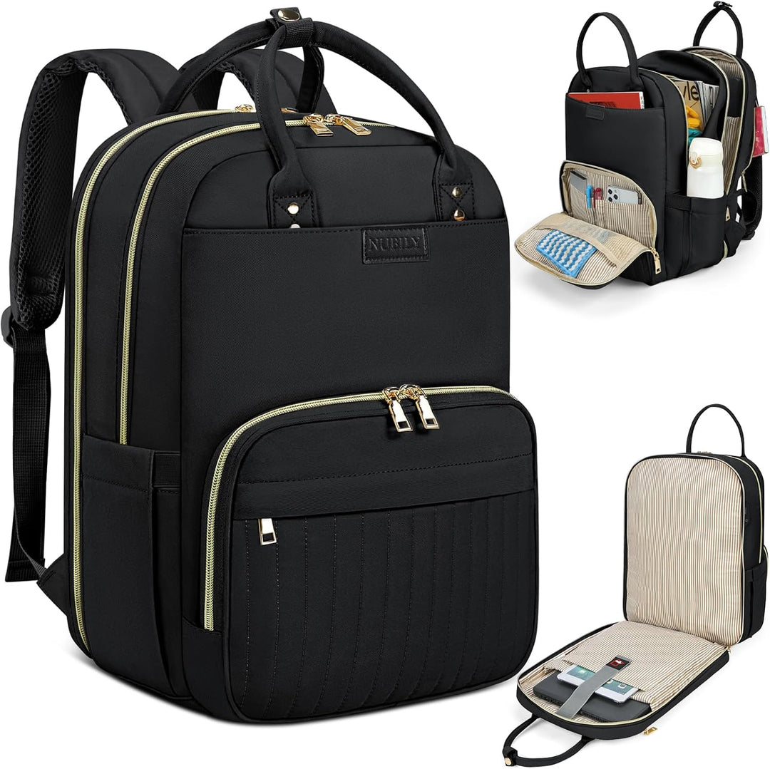 Black water-resistant unisex travel laptop backpack for 15.6" laptops, perfect for commute & business.