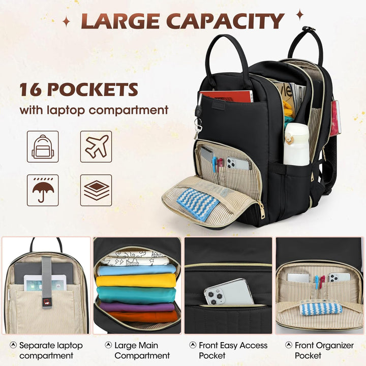 Organized black water-resistant travel backpack with multiple compartments for 15.6" laptop & accessories.