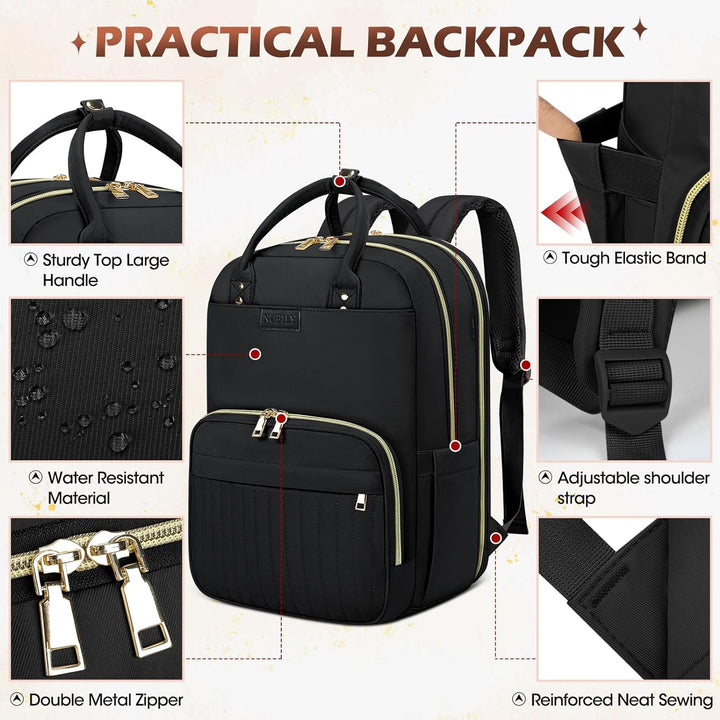 Front view of black water-resistant travel laptop backpack, fits 15.6" devices, ideal for busy commuters.
