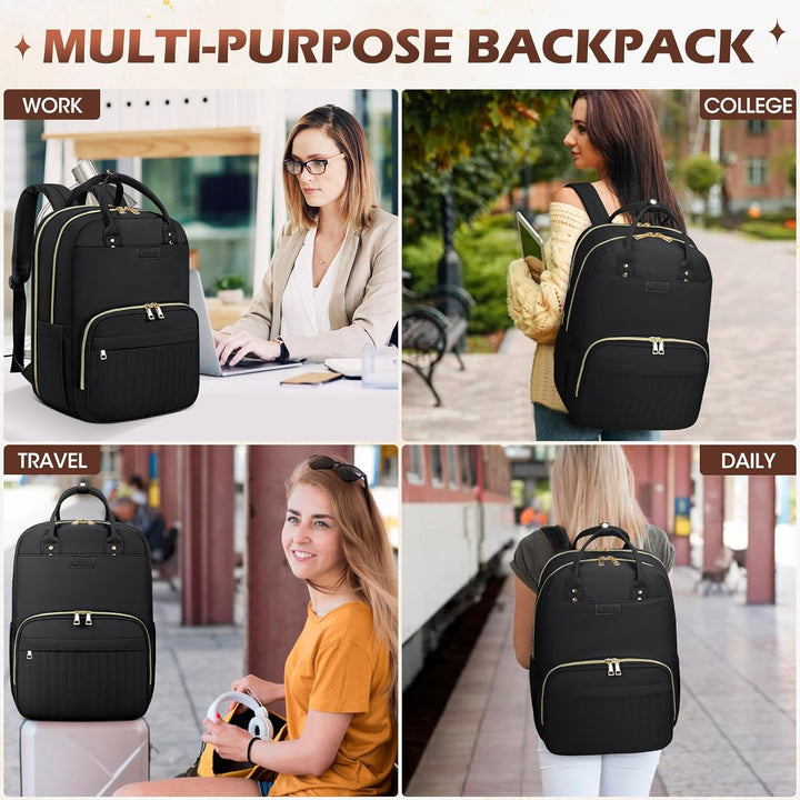 Ergonomic black water-resistant travel backpack for 15.6" laptops, comfortable for long business trips.