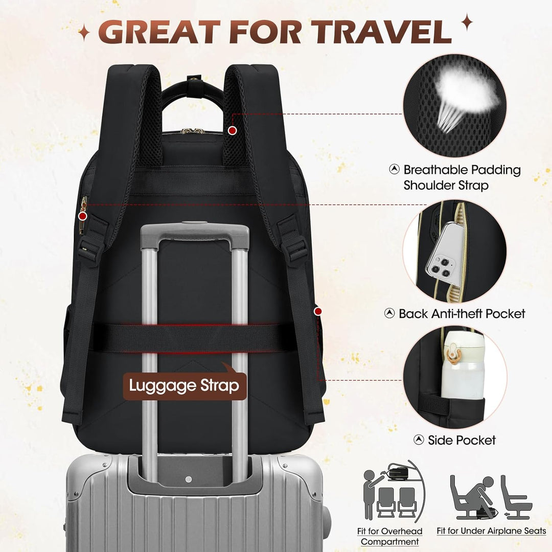 Stylish black water-resistant 15.6" laptop travel backpack with organized anti-theft design for commuters.