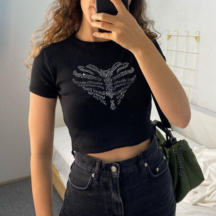 Black women's trendy rhinestone skeleton crop top, perfect for parties, festivals, or an edgy look.