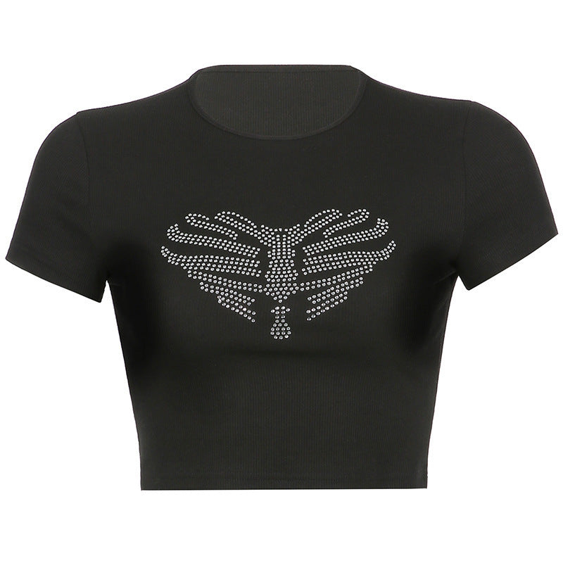 Trendy black crop top for women, adorned with a dazzling rhinestone skeleton pattern for an edgy style.